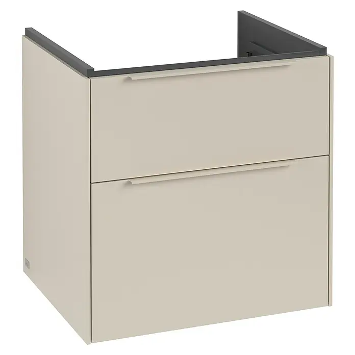 Villeroy & Boch Subway 3.0 Waschbeckenunterschrank - Cashmere Grey, Anzahl Schubladen: 2 Stk., Farbe Griff: Monochrom, B x T x H: 57,2 x 47,8 x 57,6 cm, Mit Beleuchtung - Ein eleganter Waschbeckenunterschrank in Beige mit zwei Schubladen und grauen Griffen für ein modernes Badezimmerdesign.