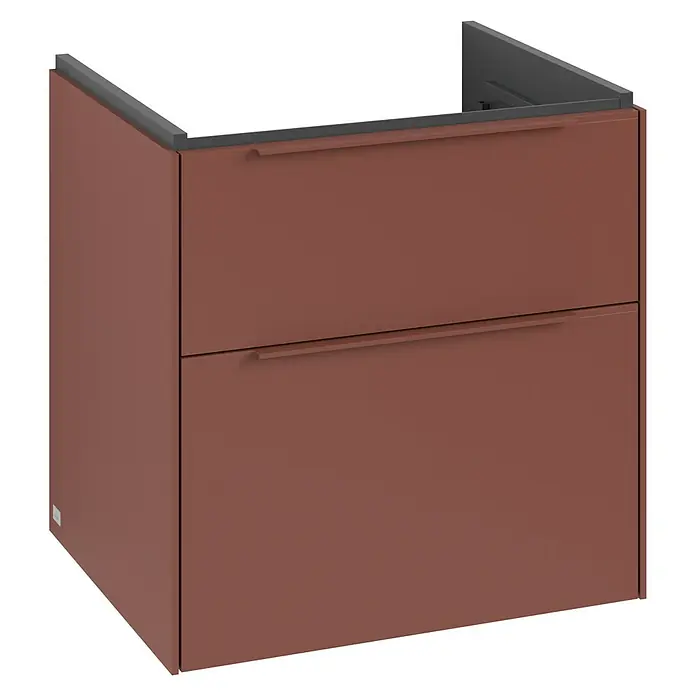 Villeroy & Boch Subway 3.0 Waschbeckenunterschrank - Wine Red, Anzahl Schubladen: 2 Stk., Farbe Griff: Monochrom, B x T x H: 57,2 x 47,8 x 57,6 cm, Mit Beleuchtung - Brauner Badezimmerschrank mit zwei Schubladen und einem grauen Oberteil. Das Möbelstück ist modern und funktional gestaltet.