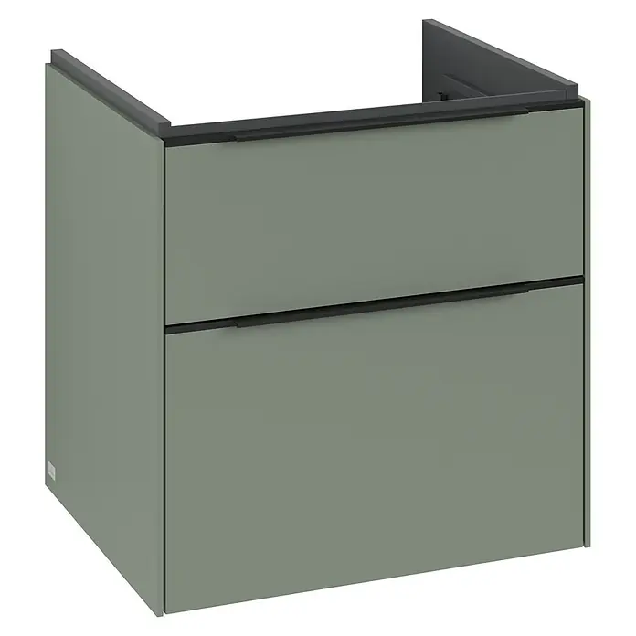 Villeroy & Boch Subway 3.0 Waschbeckenunterschrank - Soft Green, Anzahl Schubladen: 2 Stk., Farbe Griff: Volcano Black, B x T x H: 57,2 x 47,8 x 57,6 cm, Mit Beleuchtung - Ein grauer Waschbeckenunterschrank mit zwei Schubladen und schwarzen Griffen, ideal für moderne Badezimmer.