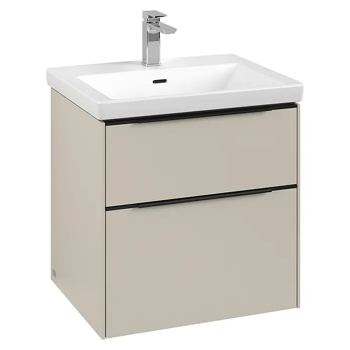 Villeroy & Boch Subway 3.0 Waschbeckenunterschrank - Cashmere Grey, Anzahl Schubladen: 2 Stk., Farbe Griff: Volcano Black, B x T x H: 57,2 x 47,8 x 57,6 cm, Mit Beleuchtung - Modernes Badezimmer-Waschbecken mit Unterschrank in Beige und Chrom-Armatur, ideal für stilvolle Badezimmergestaltung.