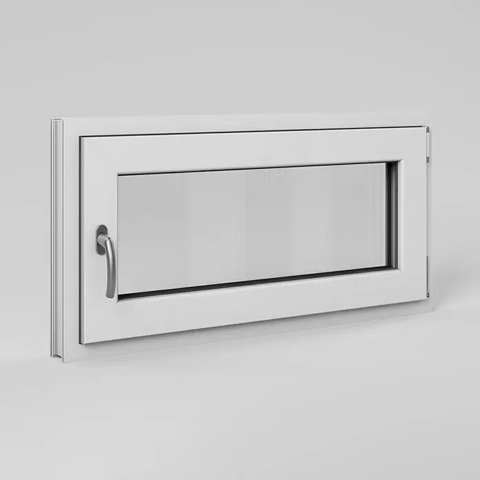 Solid Elements Kellerfenster - B x H: 100 x 50 cm, DIN Anschlag: Rechts, Weiß - Nahaufnahme eines weißen Kippfensters mit einem Griff auf der linken Seite, ideal für Keller oder kleine Räume.