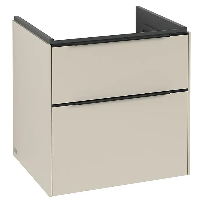 Villeroy & Boch Subway 3.0 Waschbeckenunterschrank - Cashmere Grey, Anzahl Schubladen: 2 Stk., Farbe Griff: Volcano Black, B x T x H: 57,2 x 47,8 x 57,6 cm, Mit Beleuchtung - Badezimmerschrank mit zwei Schubladen und dunklen Griffen für ein modernes Erscheinungsbild.\n