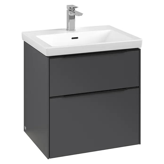 Villeroy & Boch Subway 3.0 Waschbeckenunterschrank - Graphite, Anzahl Schubladen: 2 Stk., Farbe Griff: Volcano Black, B x T x H: 57,2 x 47,8 x 57,6 cm, Mit Beleuchtung - Abbildung eines modernen Waschtischunterschranks mit zwei Schubladen und Aufsatzwaschbecken. Die Armatur ist im modernen Stil gehalten.
