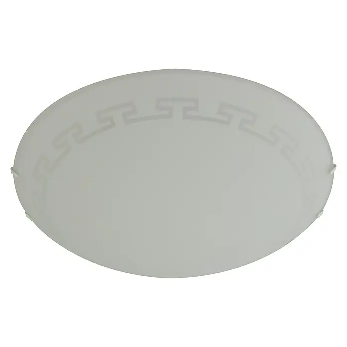 Plafón LED Bonn - 20 W, L x An x Al: 25 x 25 x 8 cm, Blanco, Blanco neutro - Primer plano de una lámpara de techo redonda y blanca con un sutil patrón de llave griega, perfecta para añadir estilo a cualquier habitación.