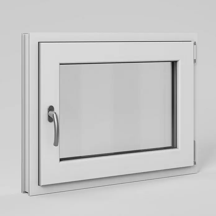 Solid Elements Kellerfenster - B x H: 80 x 60 cm, DIN Anschlag: Rechts, Weiß - Nahaufnahme eines weißen Fensters mit einem silbernen Griff, das leicht geöffnet ist und einen Einblick ins Innere ermöglicht.