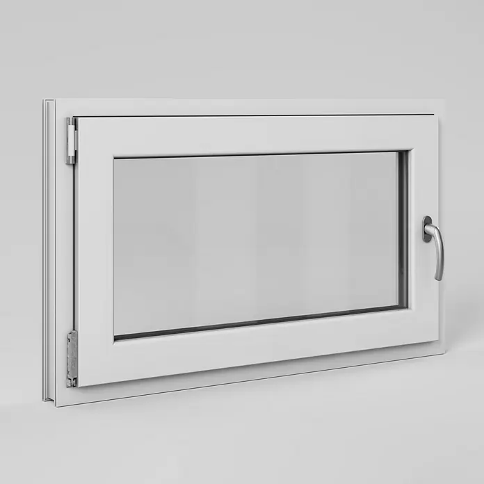 Solid Elements Kellerfenster - B x H: 100 x 60 cm, DIN Anschlag: Links, Weiß - Nahaufnahme eines weißen Kunststofffensters mit silberfarbenem Griff und Scharnieren, das einen Blick nach draußen ermöglicht.