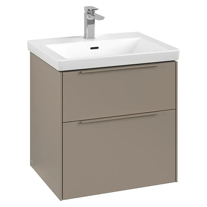 Villeroy & Boch Subway 3.0 Waschbeckenunterschrank - Taupe, Anzahl Schubladen: 2 Stk., Farbe Griff: Monochrom, B x T x H: 57,2 x 47,8 x 57,6 cm, Mit Beleuchtung - Ein moderner Waschbeckenunterschrank in Taupe mit zwei Schubladen und einem eleganten Waschbecken mit Armatur.