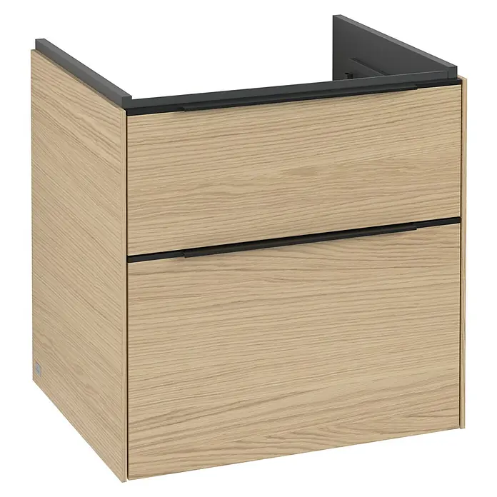 Villeroy & Boch Subway 3.0 Waschbeckenunterschrank - Nordik Oak, Anzahl Schubladen: 2 Stk., Farbe Griff: Volcano Black, B x T x H: 57,2 x 47,8 x 57,6 cm, Mit Beleuchtung - Ein moderner Waschtischunterschrank in Holzoptik mit zwei Schubladen und schwarzen Griffen. Ideal für ein stilvolles Badezimmer.