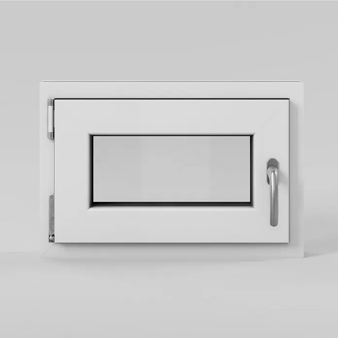 Solid Elements Kellerfenster - B x H: 60 x 40 cm, DIN Anschlag: Links, Weiß - Nahaufnahme eines weißen Küchenfensters mit Fenstergriff und Scharnieren auf neutralem Hintergrund.