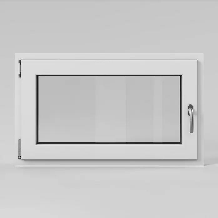 Solid Elements Kellerfenster - B x H: 100 x 60 cm, DIN Anschlag: Links, Weiß - Nahaufnahme eines weißen Dreh-Kipp-Fensters mit einem eleganten Griff und klarem Glas, ideal für moderne Wohndesigns.
