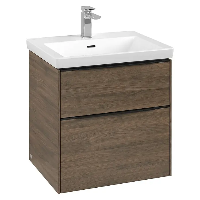 Villeroy & Boch Subway 3.0 Waschbeckenunterschrank - Arizona Oak, Anzahl Schubladen: 2 Stk., Farbe Griff: Volcano Black, B x T x H: 57,2 x 47,8 x 57,6 cm, Mit Beleuchtung - Modernes Waschbecken mit Unterschrank in Holzoptik. Das Waschbecken ist weiß und hat eine Armatur aus Chrom. Der Unterschrank bietet Stauraum.