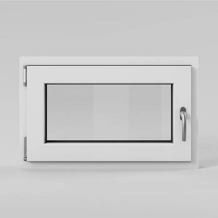 Solid Elements Kellerfenster - B x H: 80 x 50 cm, DIN Anschlag: Links, Weiß - Nahaufnahme eines weißen Fensters mit silbernem Griff und klarem Glas vor neutralem Hintergrund.