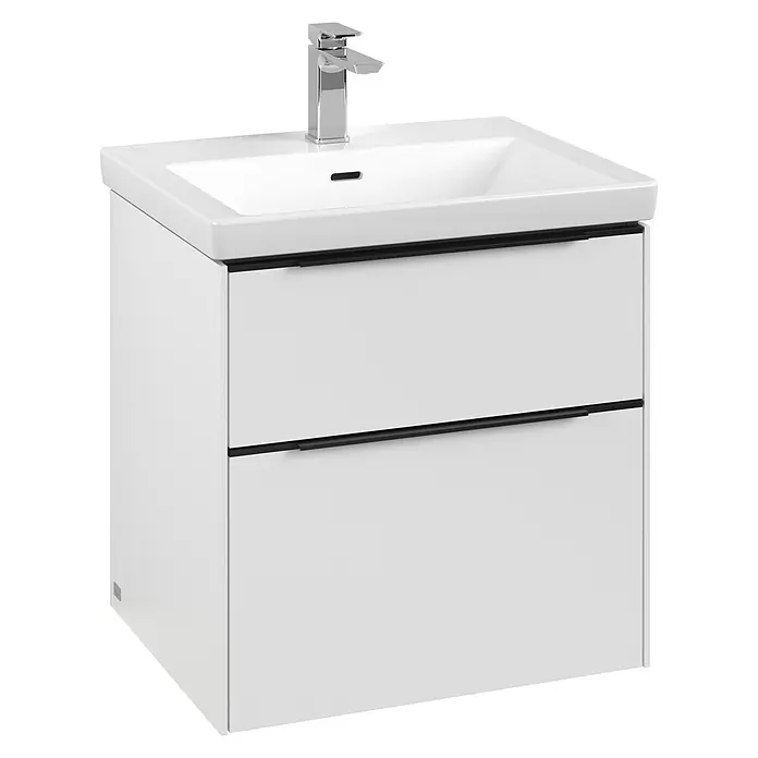 Villeroy & Boch Subway 3.0 Waschbeckenunterschrank - Pure White, Anzahl Schubladen: 2 Stk., Farbe Griff: Volcano Black, B x T x H: 57,2 x 47,8 x 57,6 cm, Mit Beleuchtung - Ein moderner weißer Waschtisch mit zwei Schubladen und einem Chromhahn. Ideal für jedes Badezimmerdesign.