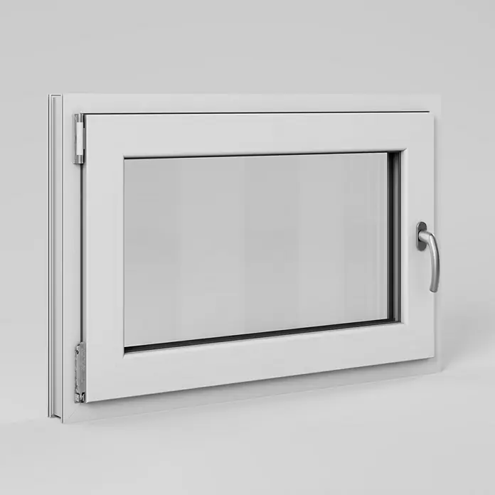 Solid Elements Kellerfenster - B x H: 90 x 60 cm, DIN Anschlag: Links, Weiß - Nahaufnahme eines weißen Kippfensters mit silbernem Griff und Beschlägen, das Design und Funktionalität vereint.