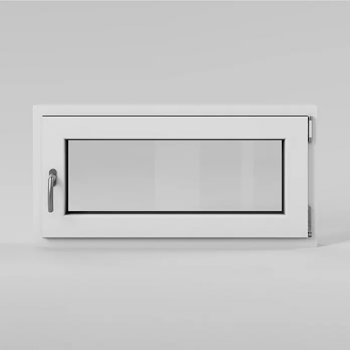Solid Elements Kellerfenster - B x H: 100 x 50 cm, DIN Anschlag: Rechts, Weiß - Nahaufnahme eines weißen Fensters mit Griff und klarem Glas, das ein minimalistisches Design zeigt.\n