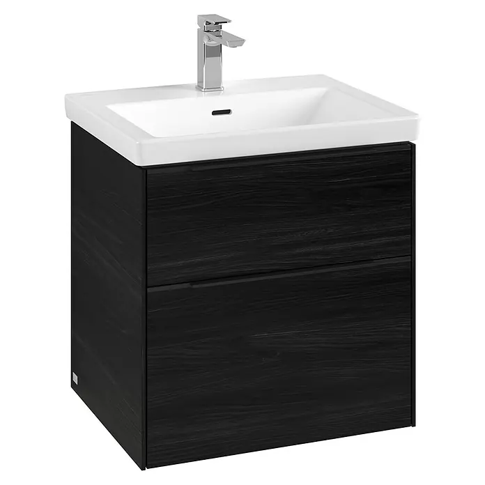 Villeroy & Boch Subway 3.0 Waschbeckenunterschrank - Black Oak, Anzahl Schubladen: 2 Stk., Farbe Griff: Volcano Black, B x T x H: 57,2 x 47,8 x 57,6 cm, Mit Beleuchtung - Moderne Waschtischkombination mit einem weißen Waschbecken und einem Unterschrank in dunkler Holzoptik mit zwei Schubladen.