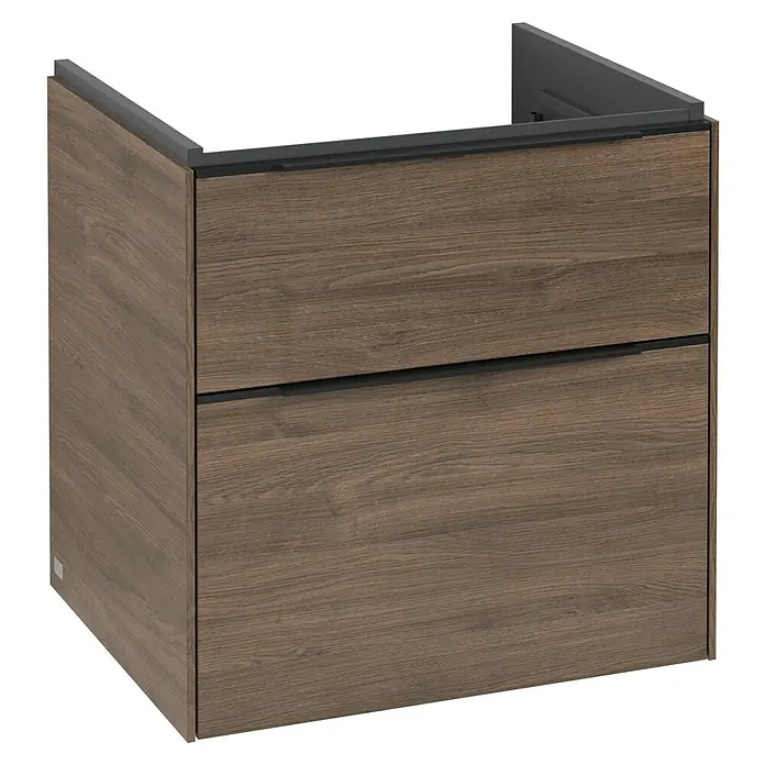 Villeroy & Boch Subway 3.0 Waschbeckenunterschrank - Arizona Oak, Anzahl Schubladen: 2 Stk., Farbe Griff: Volcano Black, B x T x H: 57,2 x 47,8 x 57,6 cm, Mit Beleuchtung - Bild eines Badezimmerschranks mit zwei Schubladen in Holzoptik und dunklen Griffen, ideal für moderne Badezimmer.