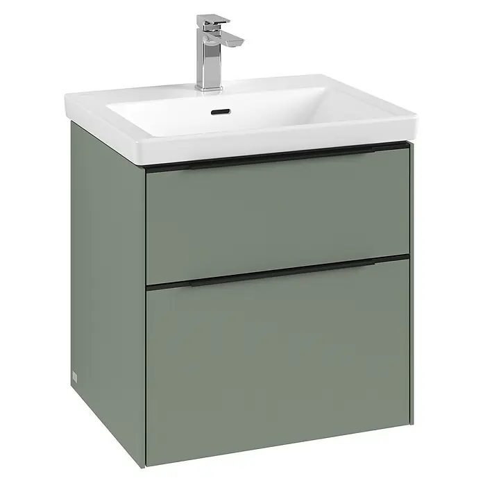 Villeroy & Boch Subway 3.0 Waschbeckenunterschrank - Soft Green, Anzahl Schubladen: 2 Stk., Farbe Griff: Volcano Black, B x T x H: 57,2 x 47,8 x 57,6 cm, Mit Beleuchtung - Elegantes Badezimmer-Waschbecken mit Unterschrank in Olive. Moderne Badmöbel mit stilvollem Design und praktischem Stauraum für das Badezimmer.