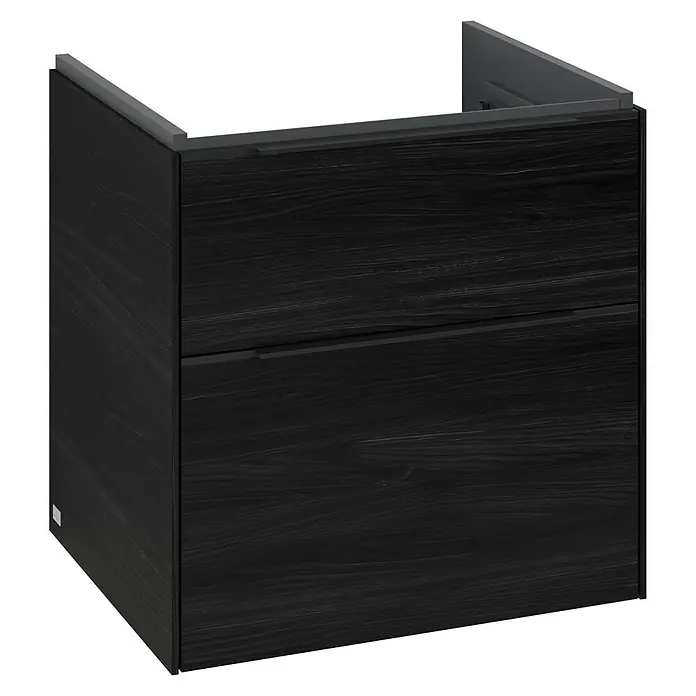 Villeroy & Boch Subway 3.0 Waschbeckenunterschrank - Black Oak, Anzahl Schubladen: 2 Stk., Farbe Griff: Volcano Black, B x T x H: 57,2 x 47,8 x 57,6 cm, Mit Beleuchtung - Schwarzer Badunterschrank mit zwei Schubladen und einer markanten Holzmaserung. Perfekt für moderne Badezimmerdesigns und zusätzlichen Stauraum.