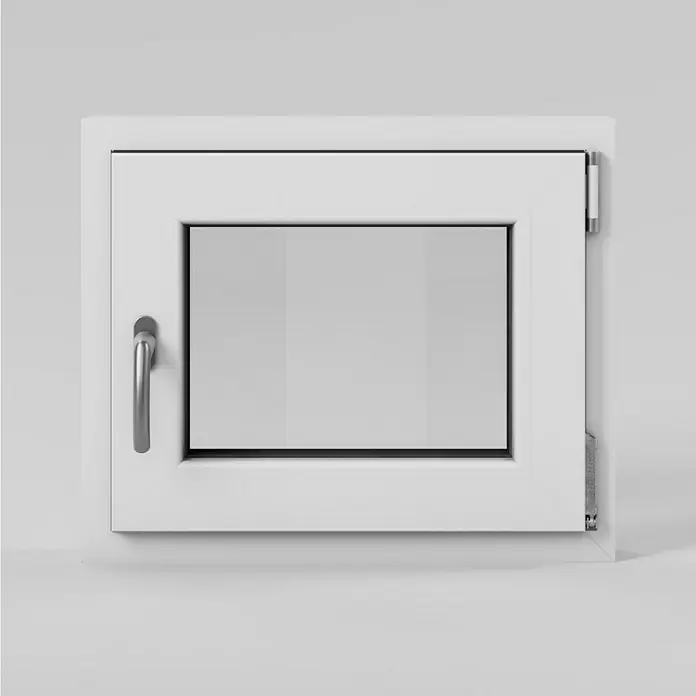 Solid Elements Kellerfenster - B x H: 60 x 50 cm, DIN Anschlag: Rechts, Weiß - Nahaufnahme eines weißen Fensters mit einem silbernen Griff und Beschlägen, das sich ideal für moderne Architektur eignet.