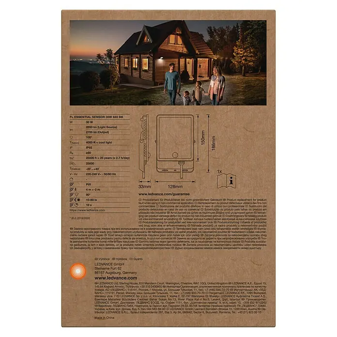 Ledvance LED-Baustrahler Essential Sensor - 30 W, 2.700 lm, 4.000 K, 238 x 161 x 30 mm, IP65 - Abbildung einer LEDVANCE FL ESSENTIAL SENSOR 30W 840 BK Außenleuchte mit Details zu Spezifikationen und Abmessungen.