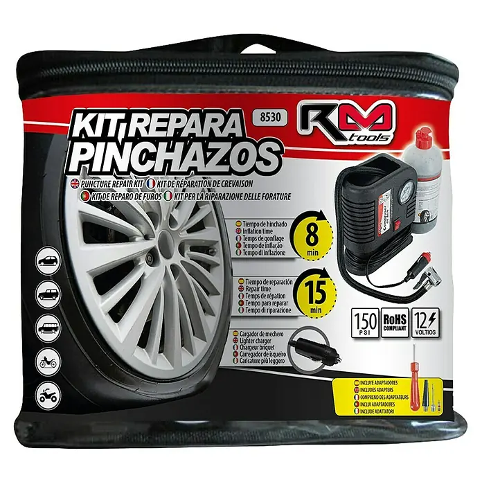 Rolmovil Compresor - 12 V, Presión: 10 bar, Apto para: Neumáticos de vehículo - Un kit de reparación de neumáticos con herramientas como un compresor, sellador y adaptadores, diseñado para arreglar pinchazos sobre la marcha.