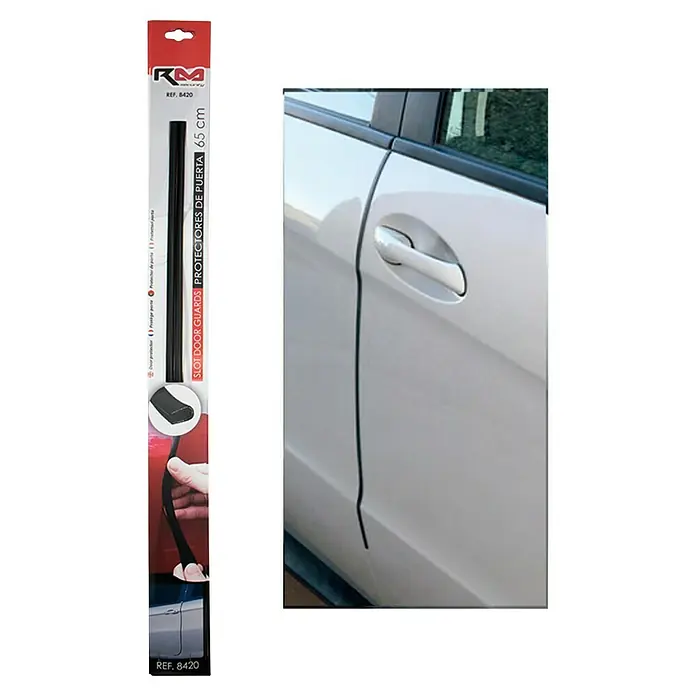 Rolmovil Perfil protector - Largo: 65 cm, Negro, 2 ud. - Imagen del producto de protectores de puerta de coche negros presentados en un embalaje transparente y unidos a la puerta de un coche.