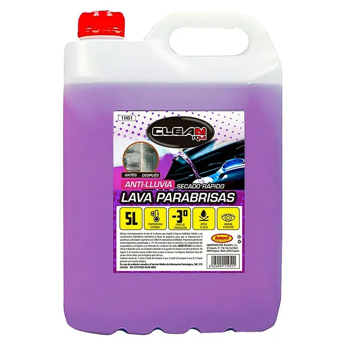 Rolmovil Clean Concentrado limpiaparabrisas anti lluvia - 5 l - Garrafa lila de líquido limpiaparabrisas. Limpiador con anticongelante hasta -3°C para una visibilidad clara.