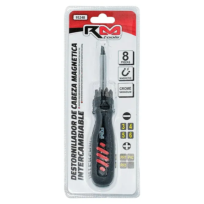 Rolmovil Destornillador de punta intercambiable - 8 pzs. - Imagen de un juego de destornilladores magnéticos RM Tools con puntas intercambiables, perfecto para diversas aplicaciones de atornillado.