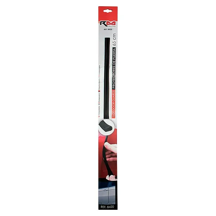 Rolmovil Perfil protector - Largo: 65 cm, Negro, 2 ud. - Imagen de un paquete de protectores de bordes de puerta RM negros, de 65 cm de largo, diseñados para proteger contra daños al abrir la puerta del coche.