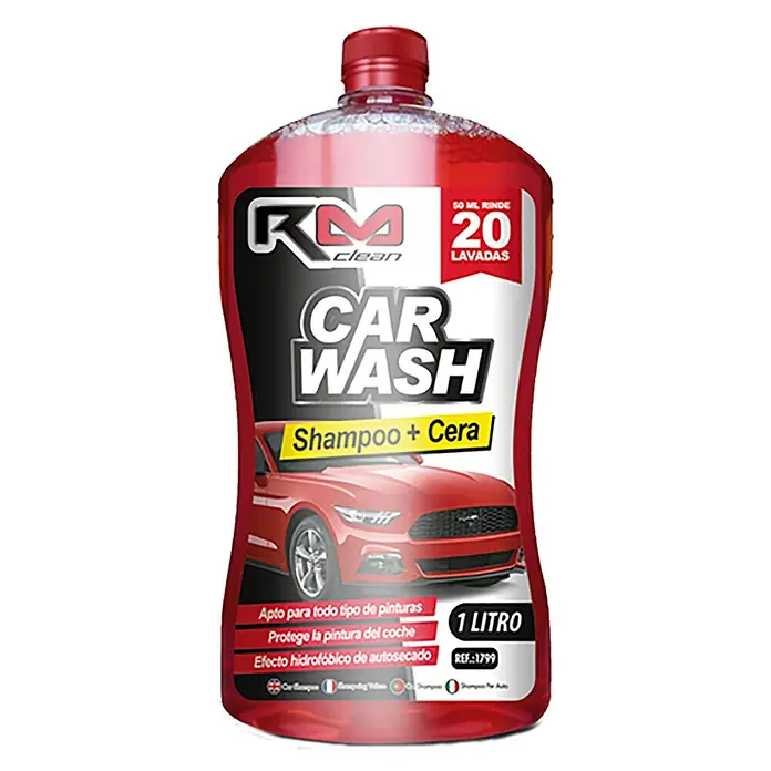 Rolmovil Detergente para automóvil con cera - 1 l - Imagen del producto de una botella de RM Clean Car Wash Shampoo + Cera, apta para todo tipo de pinturas y con efecto hidrófobo de autosecado.