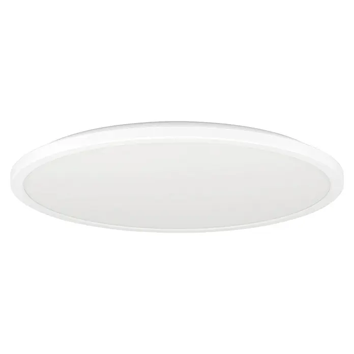 Eglo connect.z LED-Panel rund Rovito-Z - 16,8 W, Ø x H: 50 x 3,2 cm, Weiß, RGBW - Nahaufnahme einer runden, weißen Deckenleuchte, die ein modernes und minimalistisches Design für die Innenraumbeleuchtung aufweist.
