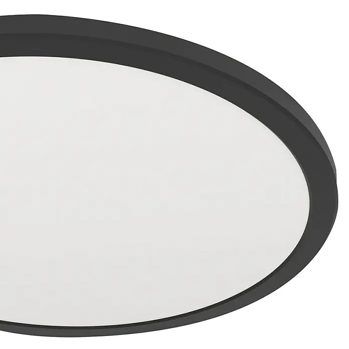 Eglo connect.z LED-Panel rund Rovito - 22 W, Ø x H: 39 x 3 cm, Schwarz, Neutralweiß - Eine Nahaufnahme einer modernen, runden Deckenleuchte mit einem schwarzen Rahmen und einer weißen, diffusen Lichtfläche. Elegantes Design für stilvolle Beleuchtung.