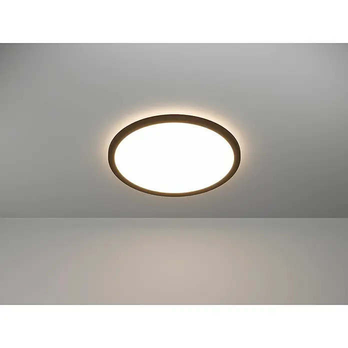 Eglo connect.z LED-Panel rund Rovito - 22 W, Ø x H: 39 x 3 cm, Schwarz, Neutralweiß - Deckenleuchte mit runder Form und braunem Rahmen, die ein helles, gleichmäßiges Licht in den Raum wirft. Elegante und funktionale Beleuchtung.