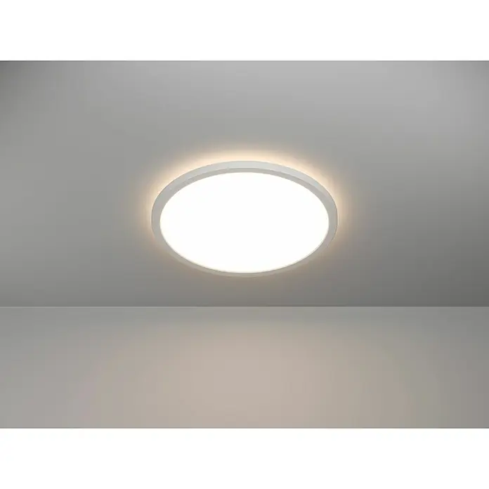 Eglo LED-Deckenleuchte Rovito - 18,9 W, Ø x H: 39 x 3 cm, Weiß, Warmweiß - Nahaufnahme einer runden, weißen Deckenleuchte, die ein helles Licht in einem Raum mit weißen Wänden abgibt.