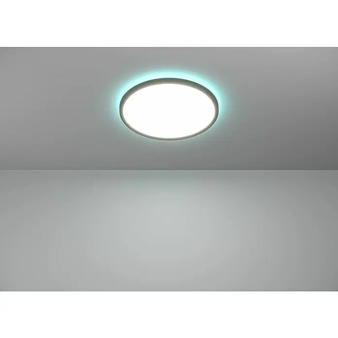 Eglo connect.z LED-Panel rund Rovito-Z - 20 W, Ø x H: 50 x 3,2 cm, Schwarz, RGBW - Diese Aufnahme zeigt eine moderne, runde Deckenleuchte mit einem sanften blauen Lichtschein, die eine minimalistische Ästhetik ausstrahlt.