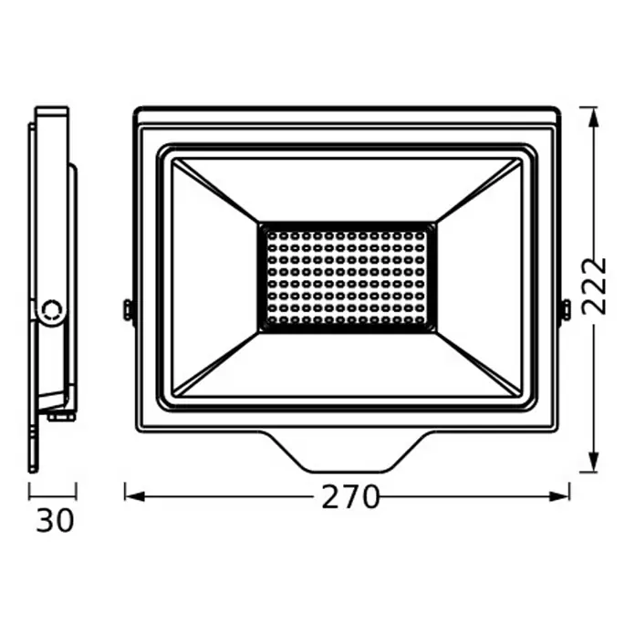 Ledvance LED-Baustrahler - 100 W, 10.000 lm, 4.000 K, 270 x 30 x 222 mm, IP65 - Technische Zeichnung eines rechteckigen LED-Flutlichts, Vorder- und Seitenansicht, Maße 270x222x30mm.