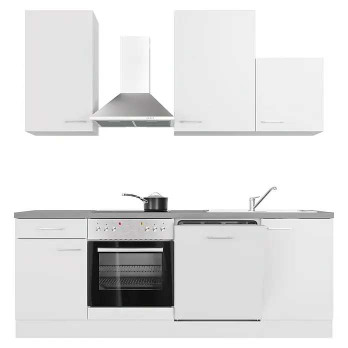 Flex-Well Rom  Küchenzeile Typ 1 - Breite: 220 cm, Höhe: 234 cm, Weiß, Mit Elektrogeräten - Küchenzeile mit weißen Schränken, Herd und Spüle. Stilvolles Design für moderne Küchen.
