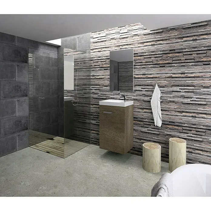Artysan Conjunto de mueble de baño Mini - Ancho: 45 cm, Nebraska, Apertura una puerta, 3 pzs. - Baño moderno con mueble de lavabo con aspecto de madera, espejo y toalla. Diseño elegante para un espacio con estilo.