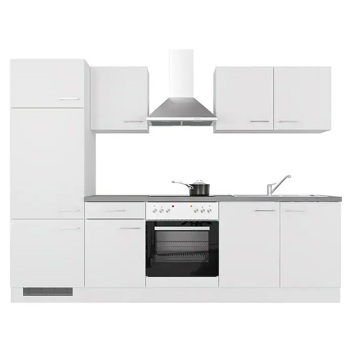 Flex-Well Rom  Küchenzeile Typ 2 - Breite: 270 cm, Weiß, Mit Elektrogeräten - Dieses Bild zeigt eine moderne, weiße Küchenzeile mit Hängeschränken, Dunstabzugshaube, Herd und Spüle. Elegantes Design für jede Küche.