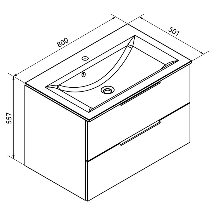 Fackelmann B.brillant Badmöbel-Set - Gesamtbreite Badmöbel: 80 cm, Weiß, Waschbecken aus Glas - Darstellung eines Waschtischunterschranks mit Schubladen und den Maßen 800 x 501 x 557 mm in technischer Zeichnung.