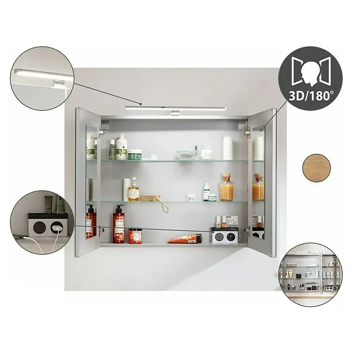 Fackelmann B.brillant LED-Spiegelschrank - B x H: 100 x 68 cm, 3-türig, Ast Eiche - Spiegelschrank mit Beleuchtung und Steckdose für das Badezimmer, bietet viel Stauraum für Kosmetik und Badutensilien.
