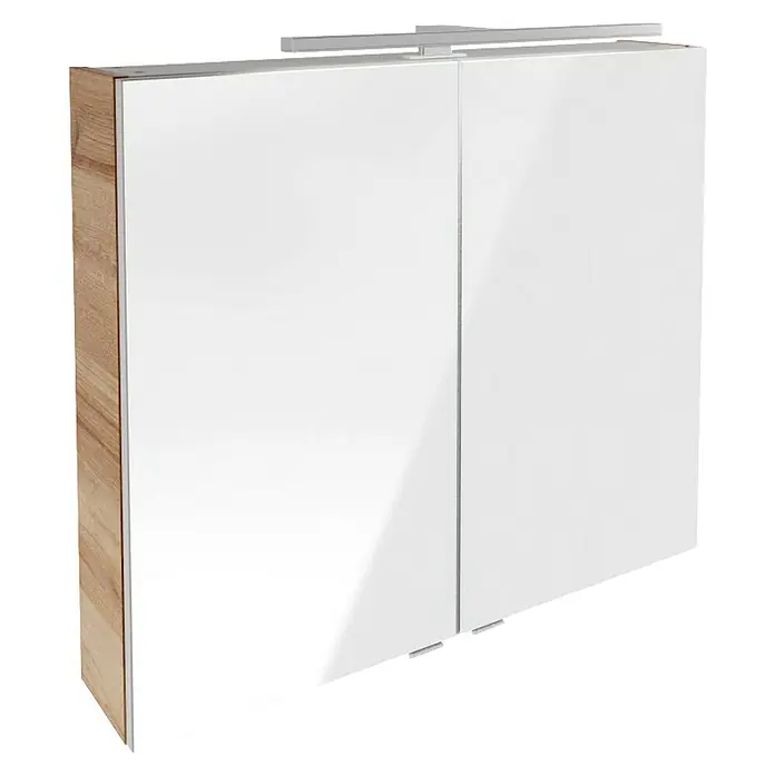 Fackelmann B.brillant LED-Spiegelschrank - B x H: 80 x 68 cm, 2-türig, Ast Eiche - Nahaufnahme eines modernen Schranks mit glatten weißen Türen und einem Holzrahmen, der die elegante Gestaltung betont.