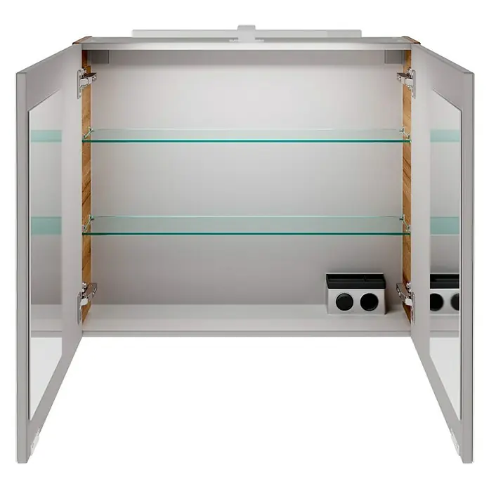 Fackelmann B.brillant LED-Spiegelschrank - B x H: 80 x 68 cm, 2-türig, Ast Eiche - Innenansicht eines geöffneten Spiegelschrankes mit Glasböden und Steckdosenelement für Badutensilien. Praktisch und modern.