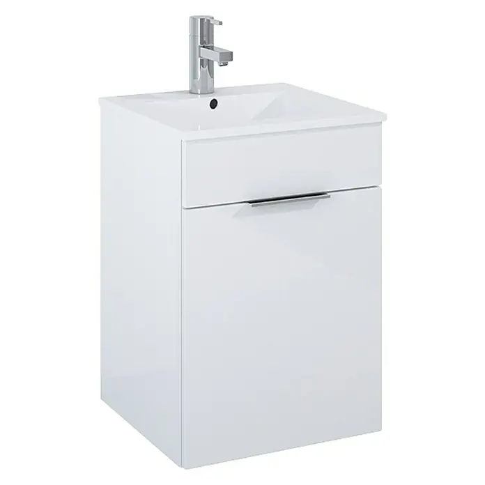 Badmöbel-Set Qubo Plus - Gesamtbreite Badmöbel: 40 cm, Weiß, Hochglänzend, 2 -tlg. - Ein weißer Waschtisch mit einem minimalistischen Design, ideal für moderne Badezimmer. Die glänzende Oberfläche sorgt für einen eleganten Look.