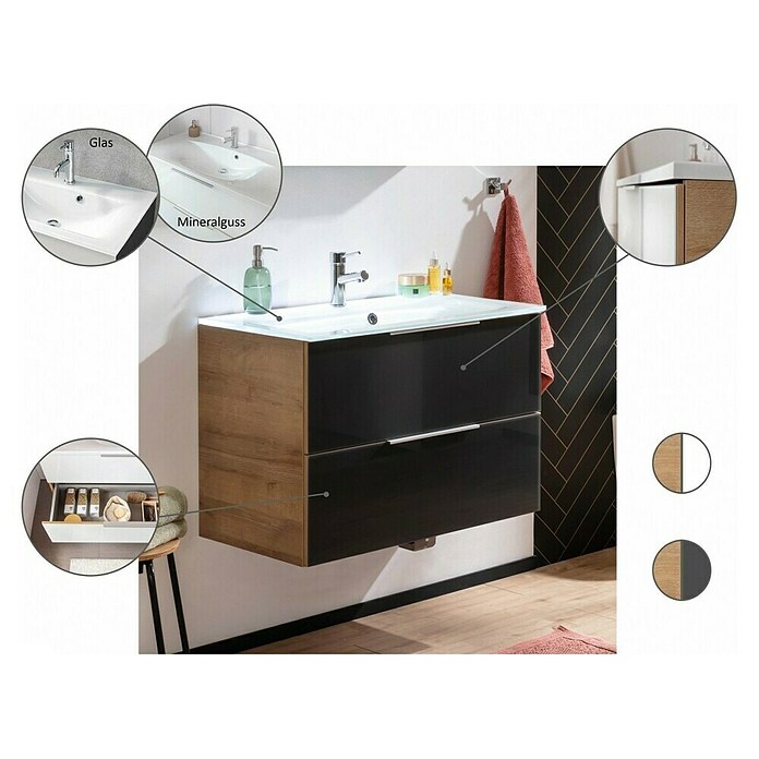 Fackelmann B.brillant Badmöbel-Set (Gesamtbreite Badmöbel: 80 cm, Mit Gussmarmorbecken, Anthrazit/Ast Eiche, Material Waschbecken: Marmorguss) | BAUHAUS