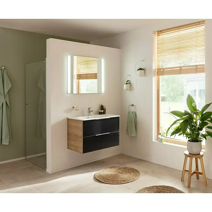 Fackelmann B.brillant Badmöbel-Set - Gesamtbreite Badmöbel: 80 cm, Anthrazit, Material Waschbecken: Marmorguss - Ein modernes Badezimmer mit einem Waschtischunterschrank in Holz- und Schwarzoptik, einem beleuchteten Spiegel und runden Teppichen.