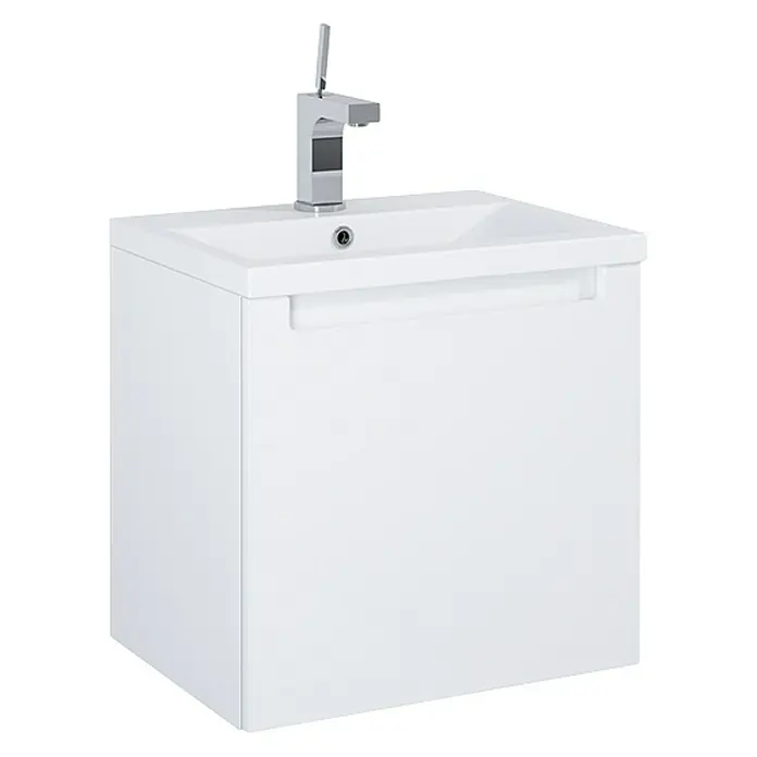 Riva Badmöbel-Set Sierra - Gesamtbreite Badmöbel: 50,6 cm, Weiß, Hochglänzend - Weißer Waschtischunterschrank mit modernem Wasserhahn, ideal für stilvolle Badezimmer. Der Schrank bietet praktischen Stauraum.
