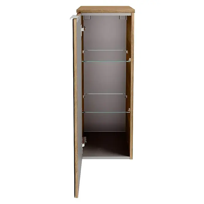 Fackelmann B.brillant Midischrank - B x T x H: 30,2 x 32 x 82,6 cm, Anthrazit - Ein offener, hoher Badezimmerschrank mit Holzakzenten und zwei Glasböden, der Stauraum und einen modernen Stil bietet.