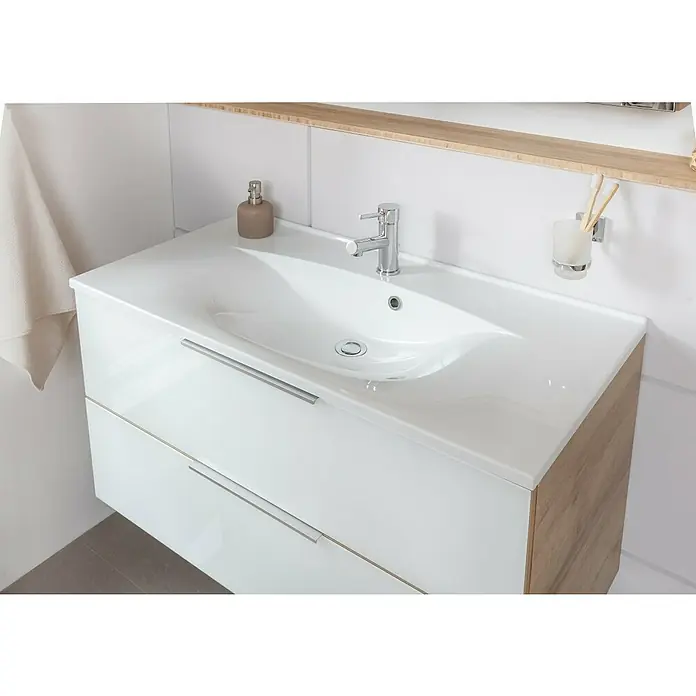 Fackelmann B.brillant Badmöbel-Set - Gesamtbreite Badmöbel: 100 cm, Weiß, Material Waschbecken: Marmorguss - Modernes Badezimmer-Waschbecken mit weißen Schubladen und Holzakzenten. Der Waschtisch verfügt über eine Armatur und einen Seifenspender.
